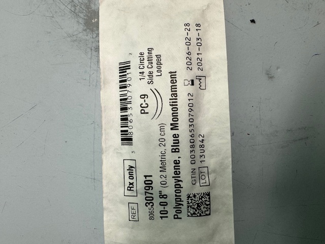 Шовний матеріал 10-0 блакитний поліпропілен, мононитка, PC-9, 20 см